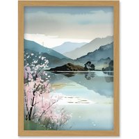 Artery8 Lakeside Landscape with Cherry Blossom Tree Modern Watercolour Painting Artwork Framed Wall Art Print A4 in Light Oak