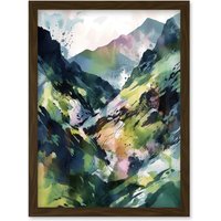 Artery8 Spring Mountain Slope Landscape Modern Linocut Illustration Print Artwork Framed Wall Art Print A4 in Brown