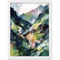 Artery8 Spring Mountain Slope Landscape Modern Linocut Illustration Print Artwork Framed Wall Art Print A4 in White