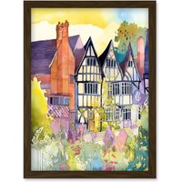 Artery8 Sunrise Over Tudor Houses & Spring Blossoms Modern Watercolour Painting Artwork Framed Wall Art Print A4 in Brown