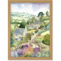 Artery8 Countryside Spring Landscape with Cottages Modern Watercolour Painting Artwork Framed Wall Art Print A4 in Light Oak