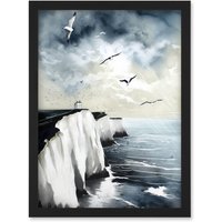 Artery8 Seagulls Flying Over the White Cliffs of Dover in England Modern Linocut Print Artwork Framed Wall Art Print A4 in Black