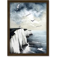 Artery8 Seagulls Flying Over the White Cliffs of Dover in England Modern Linocut Print Artwork Framed Wall Art Print A4 in Brown
