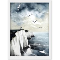 Artery8 Seagulls Flying Over the White Cliffs of Dover in England Modern Linocut Print Artwork Framed Wall Art Print A4