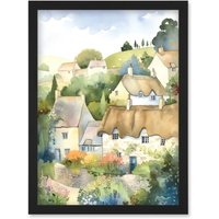 Artery8 Thatched Roof Cottage House Village in Soft Pastel Colours Modern Watercolour Painting Artwork Framed Wall Art Print A4 in Black