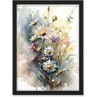 Artery8 Wild Flower Daisies in Bloom Modern Boho Watercolour Painting Artwork Framed Wall Art Print A4 in Black