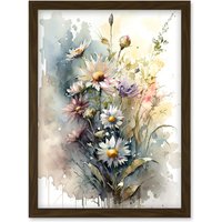 Artery8 Wild Flower Daisies in Bloom Modern Boho Watercolour Painting Artwork Framed Wall Art Print A4 in Brown
