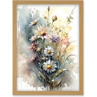 Artery8 Wild Flower Daisies in Bloom Modern Boho Watercolour Painting Artwork Framed Wall Art Print A4 in Light Oak