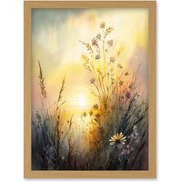 Artery8 Wildflower by Lakeside on a Misty Morning Sunrise Modern Watercolour Painting Artwork Framed Wall Art Print A4 in Light Oak