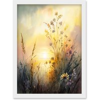 Artery8 Wildflower by Lakeside on a Misty Morning Sunrise Modern Watercolour Painting Artwork Framed Wall Art Print A4 in White