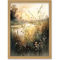 Artery8 Serene Lakeside Landscape with Wildflowers at Dawn Modern Watercolour Painting Artwork Framed Wall Art Print A4 in Light Oak