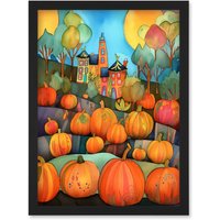 Artery8 Farm House Halloween Pumpkin Patch Modern Folk Art Watercolour Painting Artwork Framed Wall Art Print A4 in Black