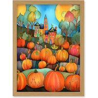Artery8 Farm House Halloween Pumpkin Patch Modern Folk Art Watercolour Painting Artwork Framed Wall Art Print A4 in Light Oak