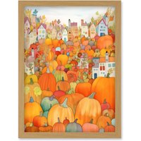 Artery8 Halloween Pumpkin Festival Autumn Harvest Modern Folk Art Watercolour Painting Artwork Framed Wall Art Print A4 in Light Oak