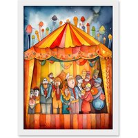 Artery8 Puppet Theatre Stage End of Show Applause Modern Folk Art Watercolour Painting Artwork Framed Wall Art Print A4 in White