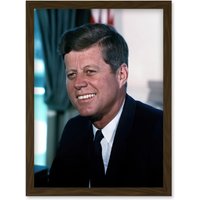 Artery8 US President John F Kennedy Portrait Photo Artwork Framed Wall Art Print A4 in Brown