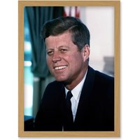 Artery8 US President John F Kennedy Portrait Photo Artwork Framed Wall Art Print A4 in Light Oak