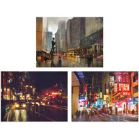 Artery8 Wall Art Print New York London Chinatown Cityscape At Night Set Of 3 s Living Room Aesthetic Oil Paintings A4