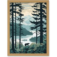 Artery8 Great Bear Rainforest Coastal Mountain Landscape Artwork Framed Wall Art Print A4 in Light Oak