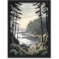 Artery8 Great Bear Rainforest Hikers Coastal Landscape Artwork Framed Wall Art Print A4 in Black