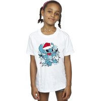 Disney Girl's Lilo & Stitch Christmas Lights Sketch Cotton T-Shirt in White | Size: 12-13 Years