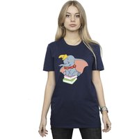 Disney Women's Dumbo Sitting On Books Cotton Boyfriend T-Shirt in Navy | Size: 3XL