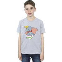 Disney Boy's Dumbo Sitting On Books T-Shirt in Grey | Size: 7-8 Years