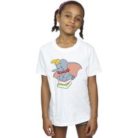 Disney Girl's Dumbo Sitting On Books Cotton T-Shirt in White | Size: 9 Years