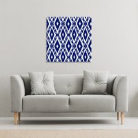Benjamin Tate Design Tribal Art Ikat Ogee in traditional classic blue (Canvas Print) / 114 x 114 x 4cm in Natural | Size: 114 x 114 x 4 cm