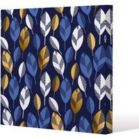 Benjamin Tate Design White, Blue & Gold Leaves on Navy Background (Canvas Print) / 61 x 61 x 4cm in Natural | Size: 61 x 61 x 4 cm