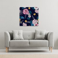 Benjamin Tate Design Pink Flowers on Navy (Canvas Print) / 101 x 101 x 4cm in Natural | Size: 101 x 101 x 4 cm