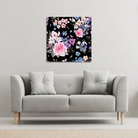 Benjamin Tate Design Bright Pink Flowers on Black (Canvas Print) / 114 x 114 x 4cm in Natural | Size: 114 x 114 x 4 cm