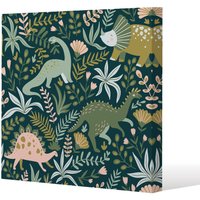 Benjamin Tate Design Hand drawn dinosaurs & tropical leaves & flowers. (Canvas Print) / 61 x 61 x 4cm in Natural | Size: 61 x 61 x 4 cm