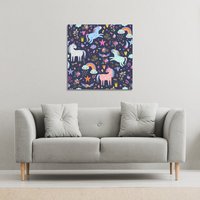 Benjamin Tate Design unicorns on navy (Canvas Print) / 61 x 61 x 4cm in Natural | Size: 61 x 61 x 4 cm