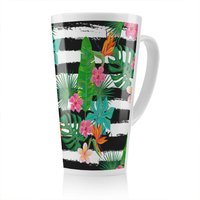 Benjamin Tate Design Tropical Plants On Black & White Stripes Latte Mug in Natural | Size: 100 cm