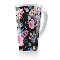 Benjamin Tate Design Bright Pink Flowers On Black Latte Mug in Natural | Size: 100 cm