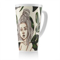 Benjamin Tate Design Young woman in tropical leaves Designer Latte Mug in Natural | Size: 100 cm