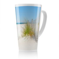 Benjamin Tate Design Dune fence by sea grass with sailboat on horizon Designer Latte Mug in Natural | Size: 100 cm