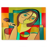 Benjamin Tate Design woman with chocolate in hand Designer Glass Chopping Board in Natural