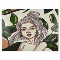 Benjamin Tate Design Young woman in tropical leaves Designer Glass Chopping Board in Natural