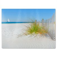 Benjamin Tate Design Dune fence by sea grass with sailboat on horizon Designer Glass Chopping Board in Natural