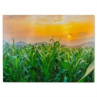 Benjamin Tate Design Green corn field in agricultural sun Designer Glass Chopping Board in Natural