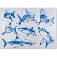Benjamin Tate Design Graphical of blue sharks isolated on white background Designer Glass Chopping Board in Natural