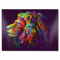 Benjamin Tate Design lion's head on a purple background in popart style Designer Glass Chopping Board in Natural
