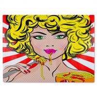 Benjamin Tate Design Pop Art Young woman Eating Spaghetti Designer Glass Chopping Board in Natural