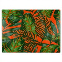 Benjamin Tate Design Green Tropical Leaves On Orange Glass Chopping Board in Natural