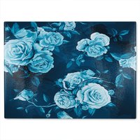 Benjamin Tate Design Winter Blue Roses Glass Chopping Board in Natural