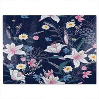 Benjamin Tate Design Tropical White & Pink Flowers Glass Chopping Board in Natural