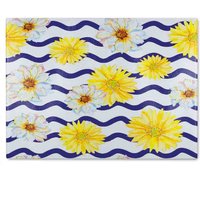 Benjamin Tate Design Bright Yellow Flowers & Zig Zags Glass Chopping Board in Natural