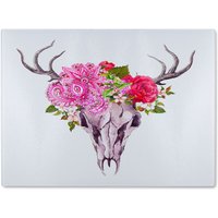 Benjamin Tate Design Deer Animal Skull With Flowers & Feathers Glass Chopping Board in Natural